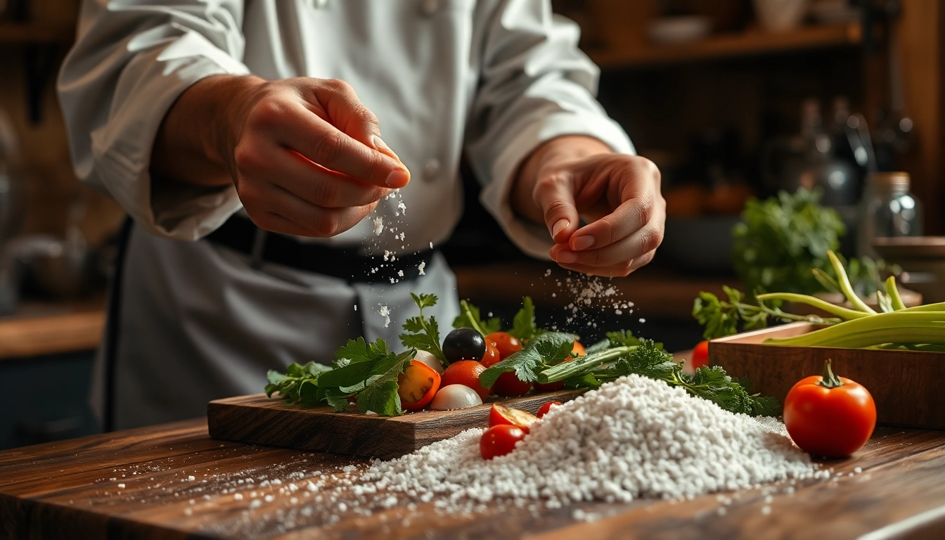 Chef salting fresh vegetables to enhance flavor and preserve freshness.