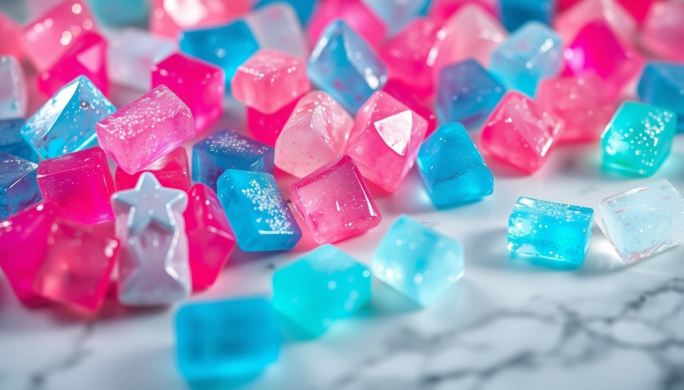 Enjoy vibrant crystal candy pieces glittering on a surface, showcasing their unique textures and colors.