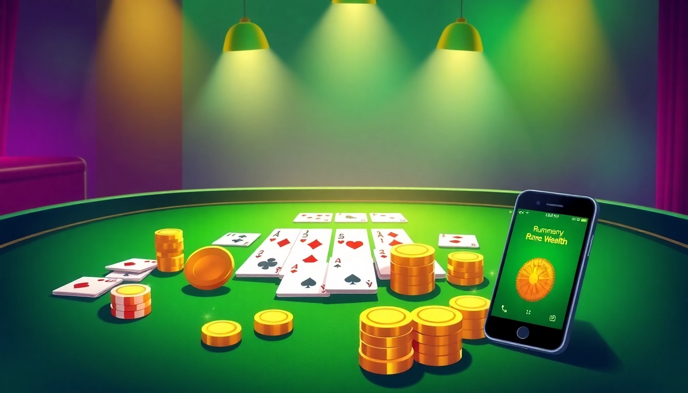 Play Rummy Wealth with colorful cards and tokens on a stylish table, engaging players in a lively atmosphere.