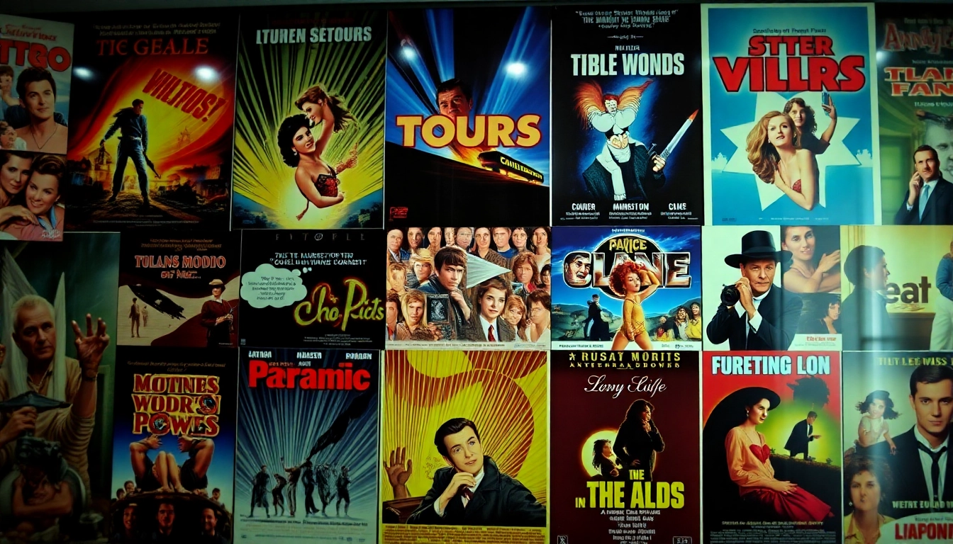 Discover classic public domain movies on YouTube through a colorful collage of vintage movie posters.