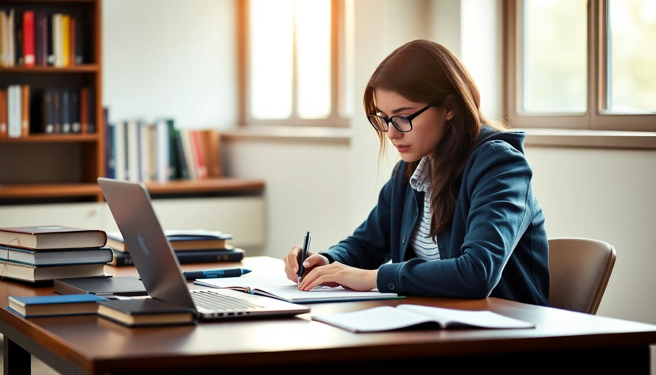 Student focused on research and writing a thesis, exemplifying รับทำวิจัย รับทำวิทยานิพนธ์ in a studious environment.