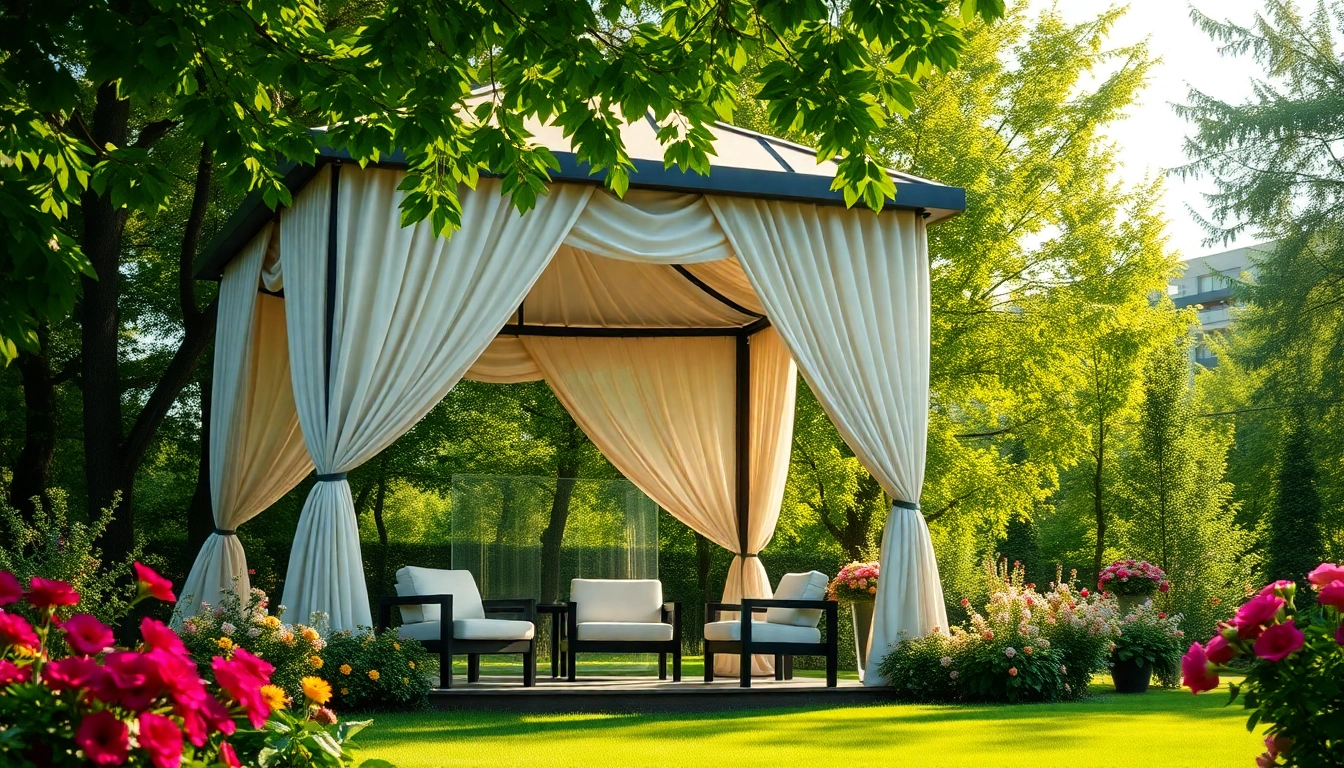 Showcasing a beautiful gazebo in Ireland surrounded by blooming flowers, perfect for outdoor gatherings.