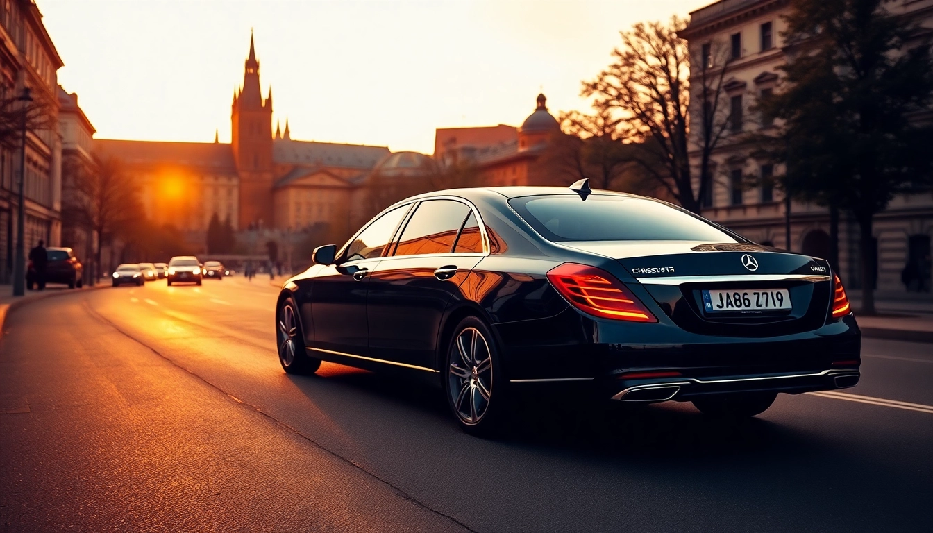 Experience the cheap chauffeur service Prague in a luxurious vehicle against a stunning sunset backdrop.