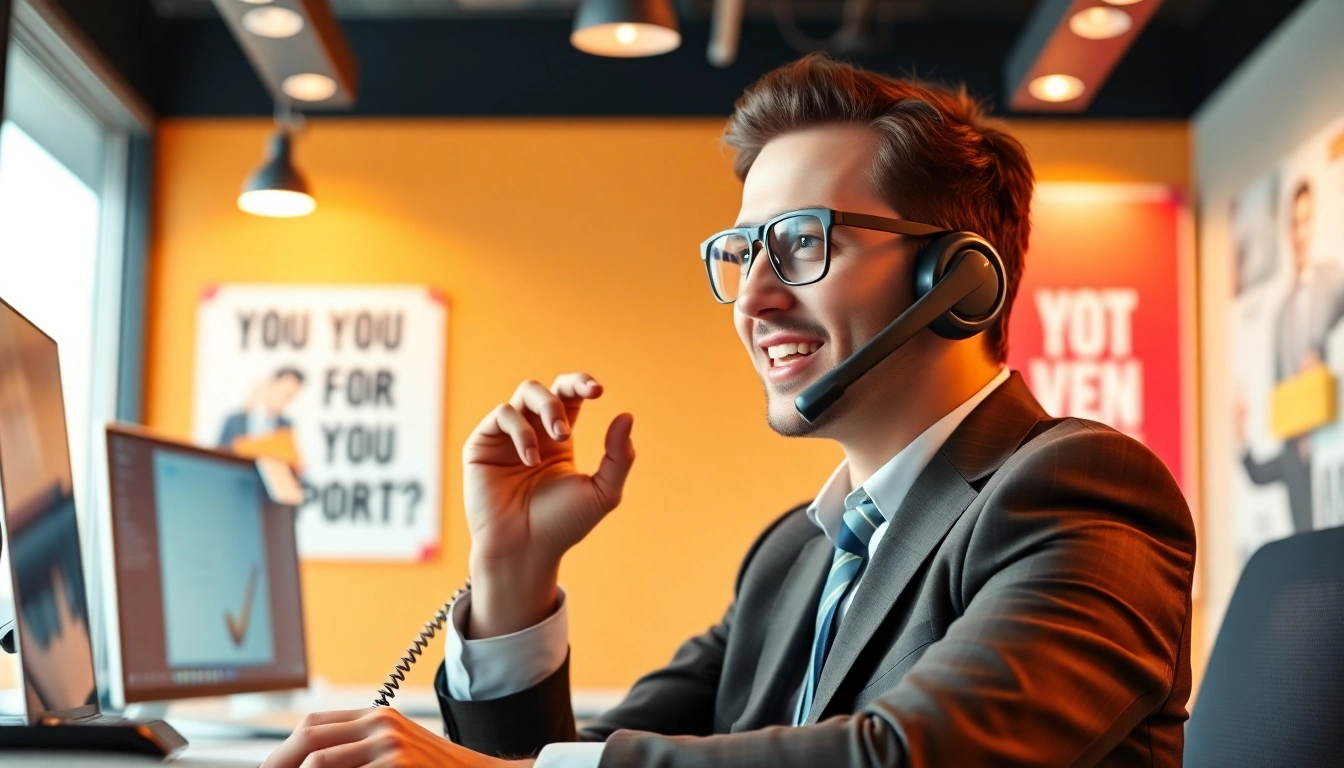 Wholesale real estate cold callers engaging on a phone call in a modern office, showcasing professionalism.