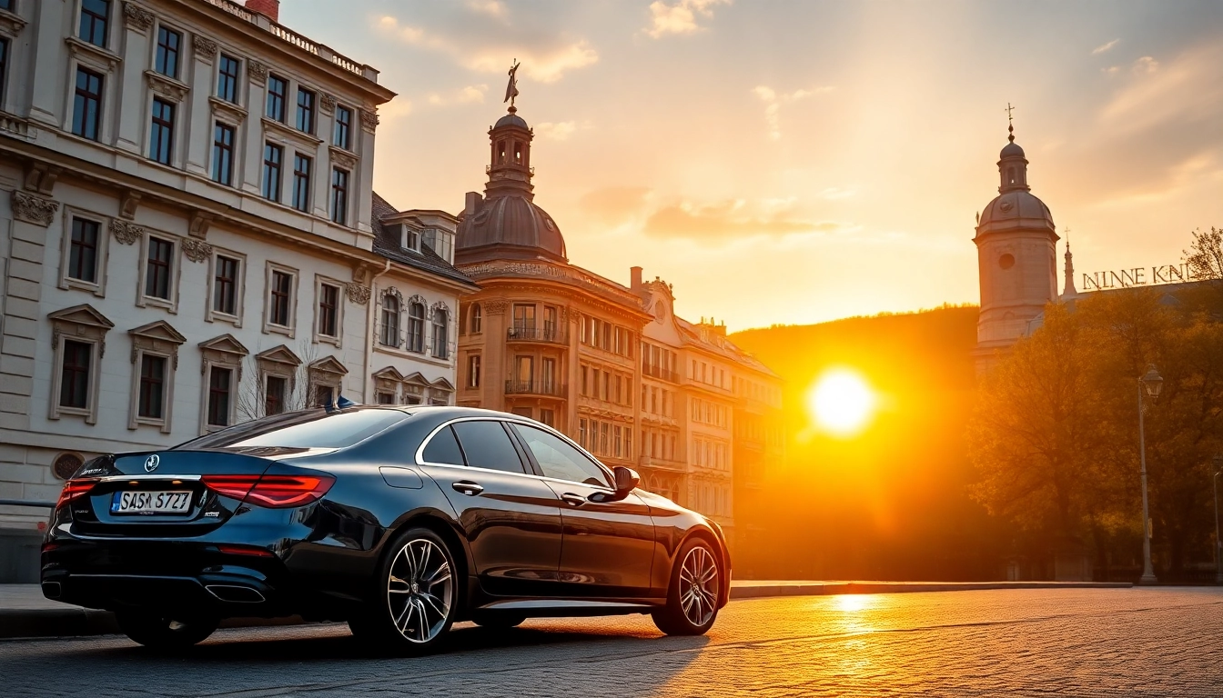 Enjoy the convenience of a cheap chauffeur service Prague, showcasing a luxury vehicle in front of a historic site.