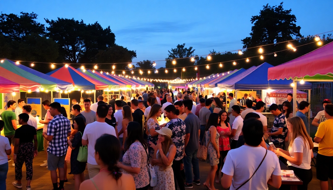 Guests engaging at a unique event in a festive outdoor setting, with colorful tents and lively activities.