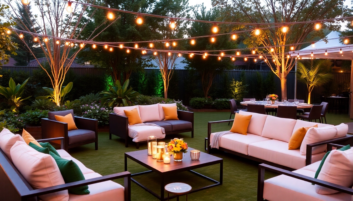 Showcase Dallas event furniture rentals at an outdoor gathering with modern lounge and garden decor.