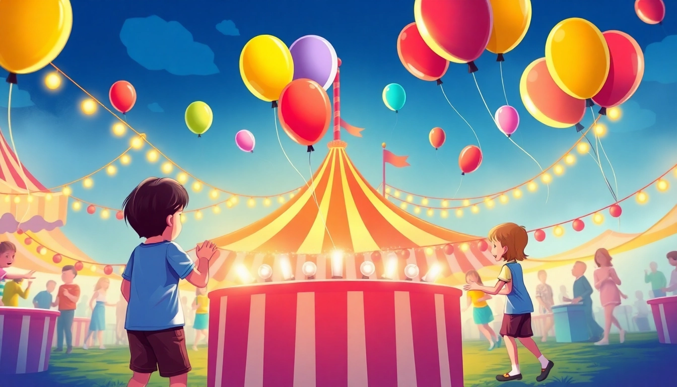 Children excitedly participating in a Carnival Balloon Thring Game Drawing at a colorful fair.