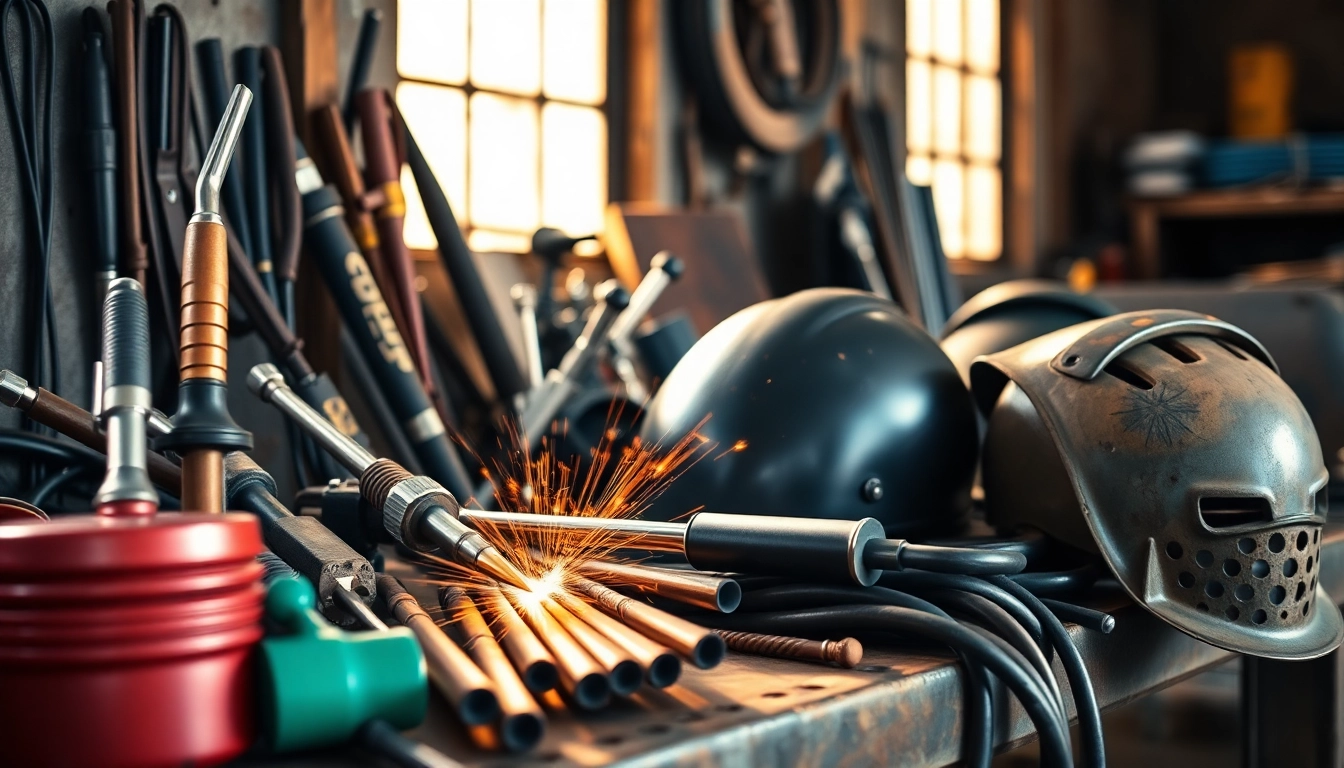 Explore high-quality welding supplies near me on a well-organized workbench, featuring tools and safety gear.