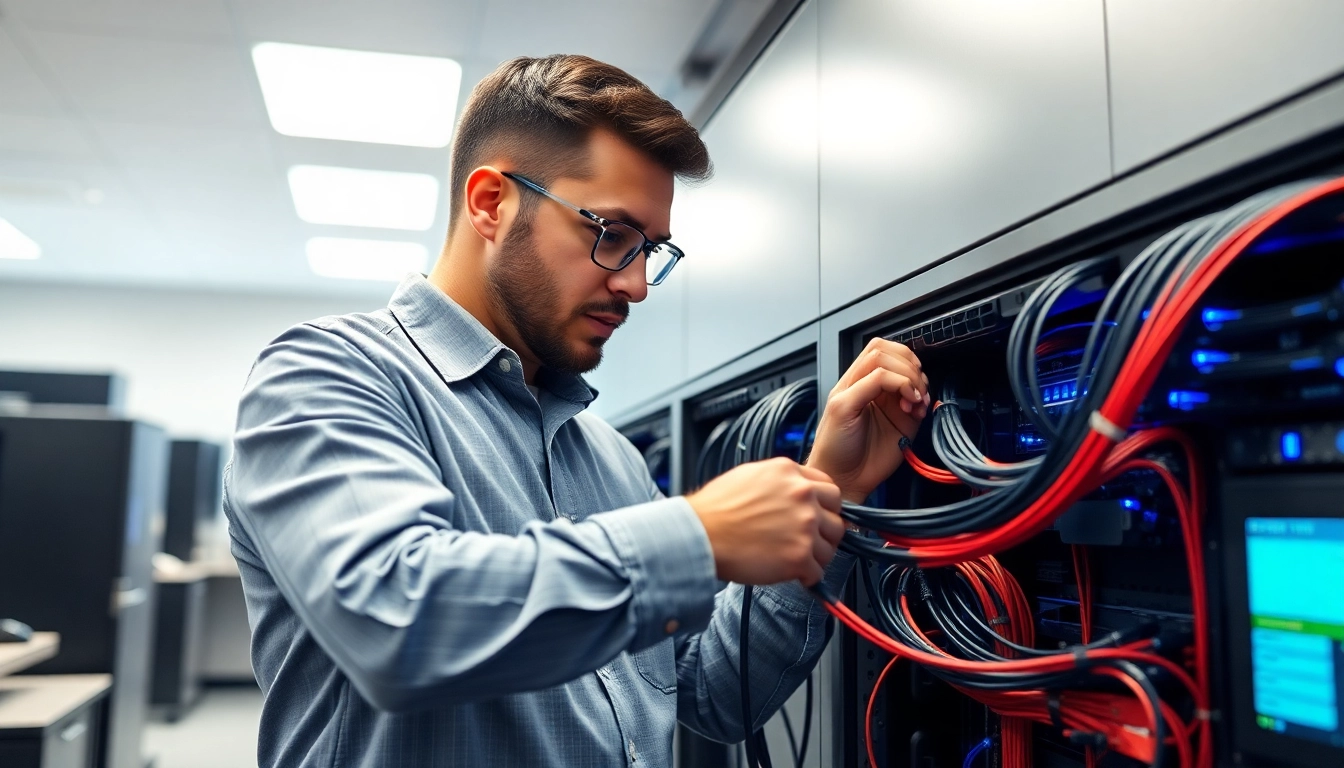 Expert performing a Data Cable Installation service in a modern office environment.