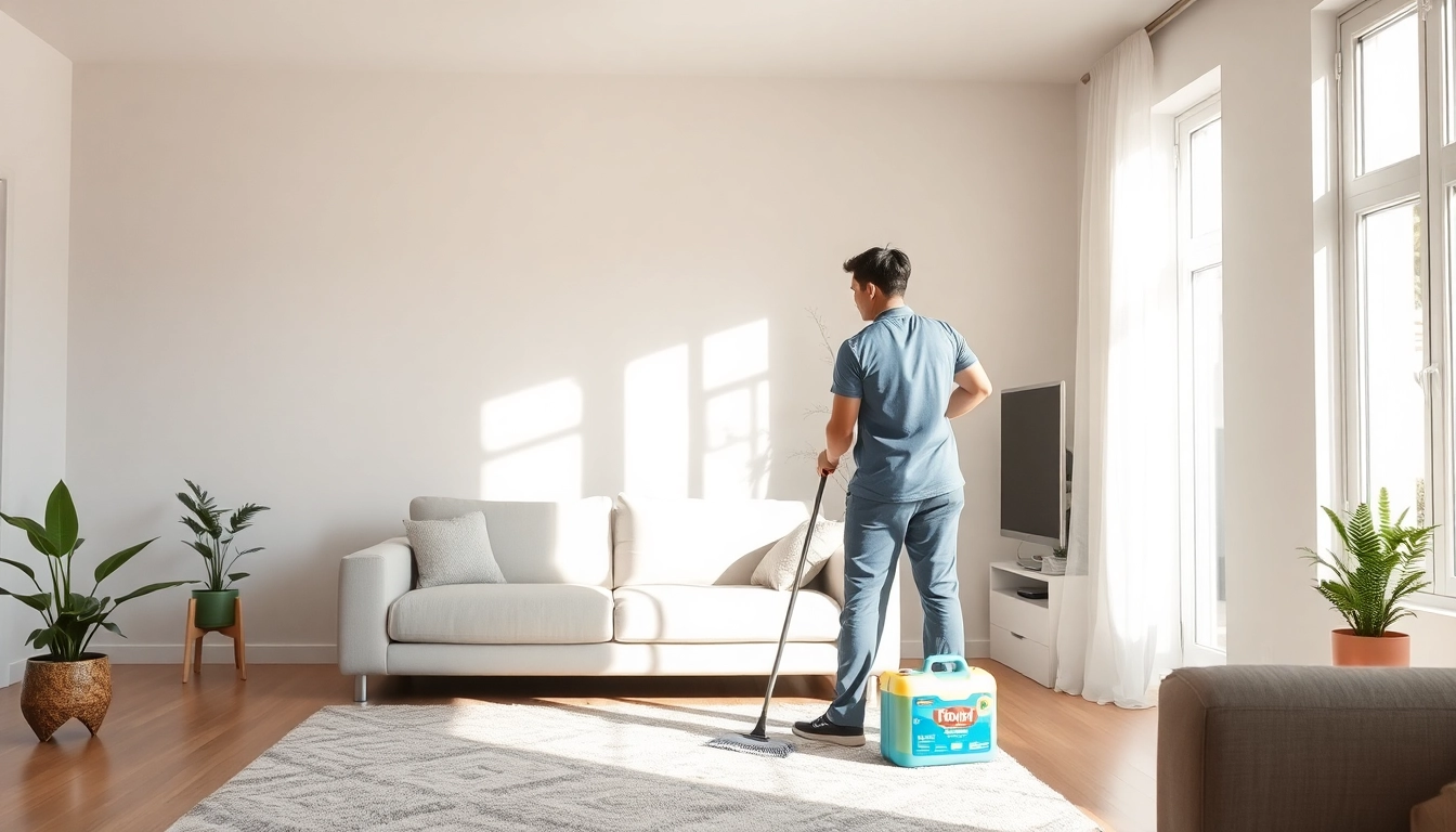 Efficient bond cleaning Brisbane in progress, showcasing a professional cleaner using eco-friendly products in a bright living room.