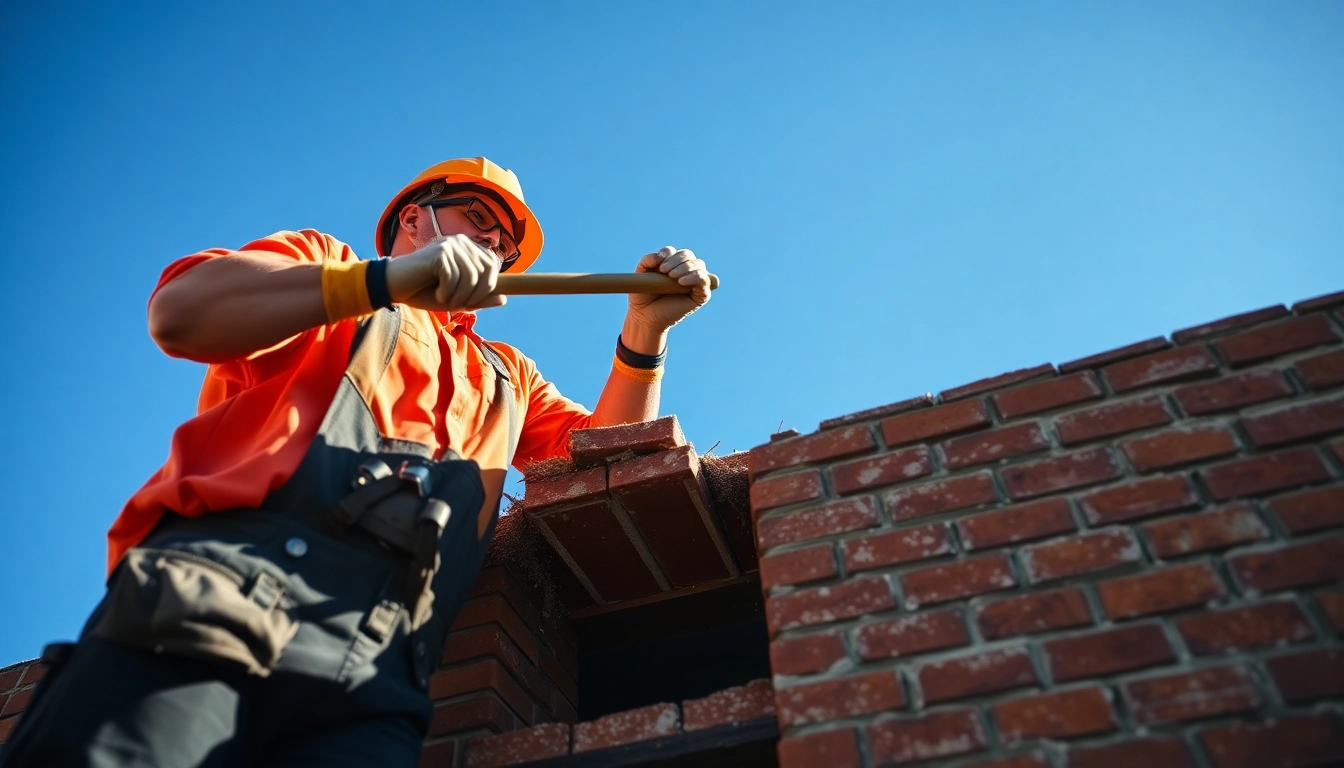 Workers conducting facade removal by taking down a brick wall, showcasing construction techniques.