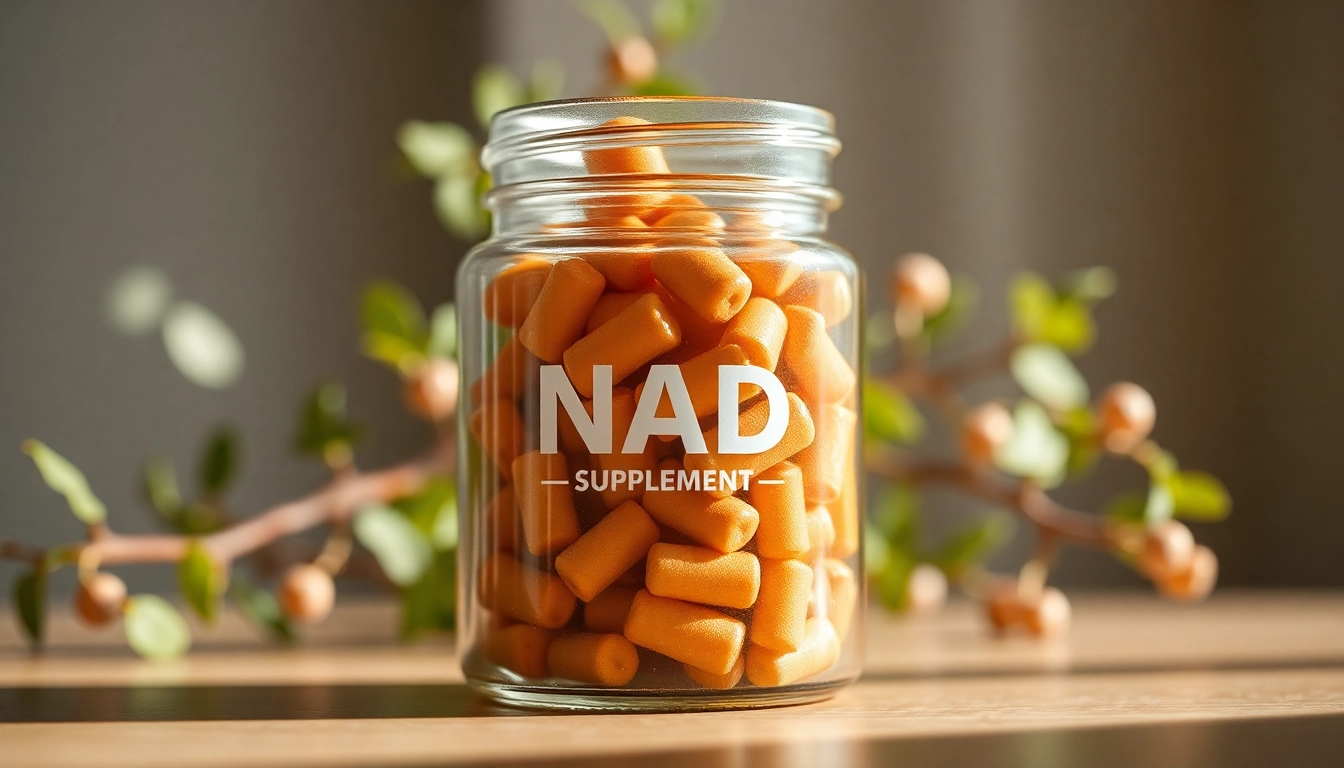 Highlighting NAD Supplement capsules in a glass jar surrounded by fresh leaves.