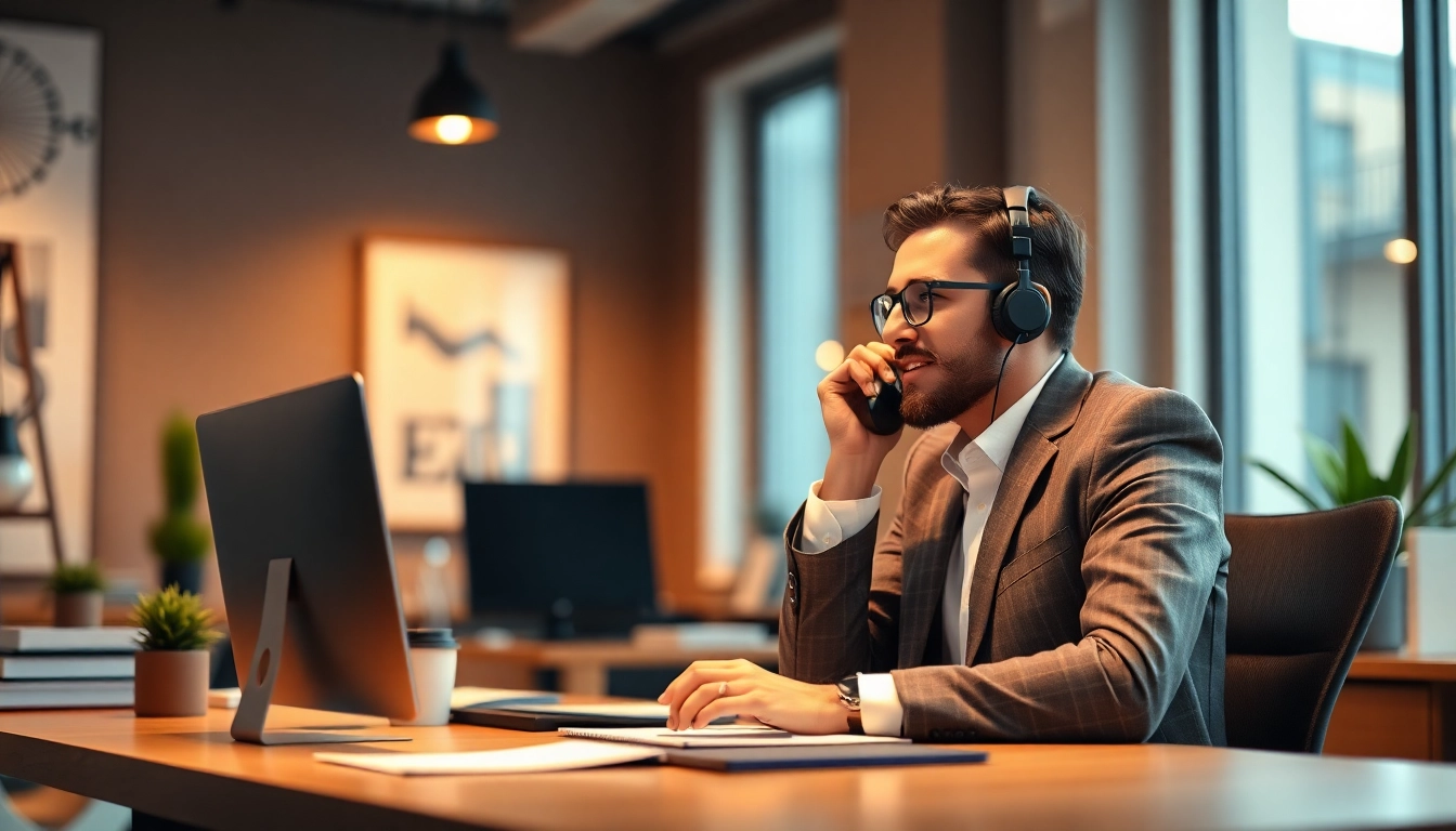 Cold caller engaged in conversation about wholesale real estate cold callers in a vibrant office setting.