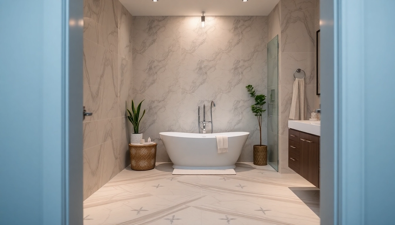 Bathroom remodel contractors creating a luxurious modern bathroom with elegant tiles and a freestanding tub.