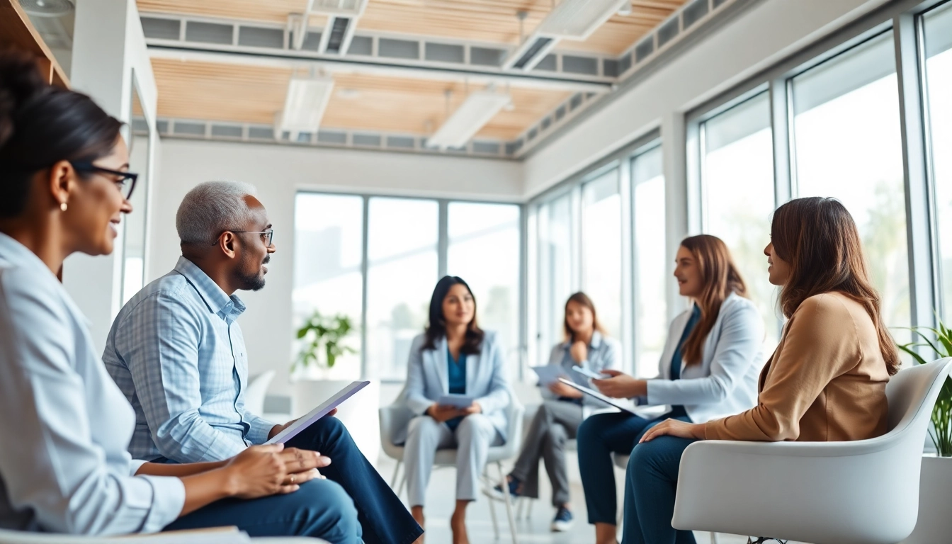 Engaged discussion on unternehmensberatung altenpflege showcasing diverse clients and a consultant in a bright office.