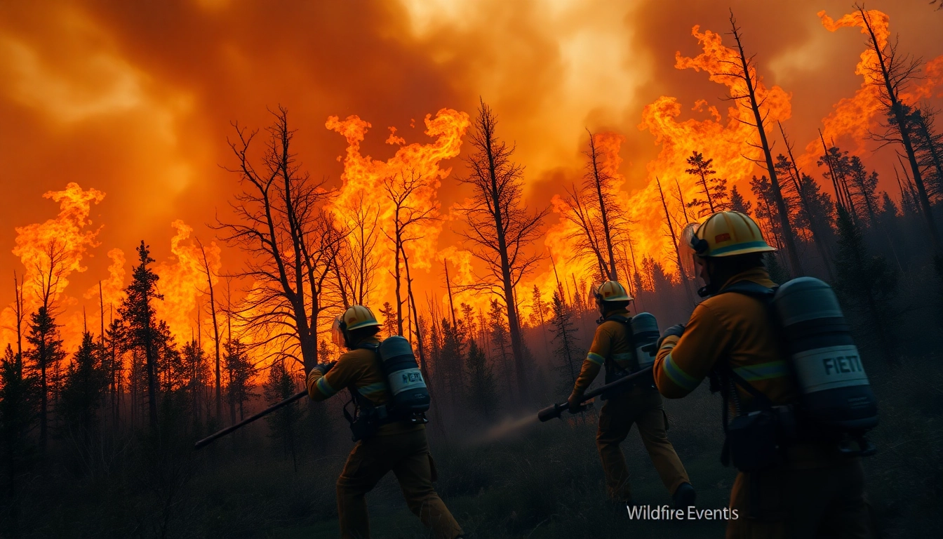 Firefighters battling wildfire events amidst smoke and glowing embers, displaying courage and urgency.