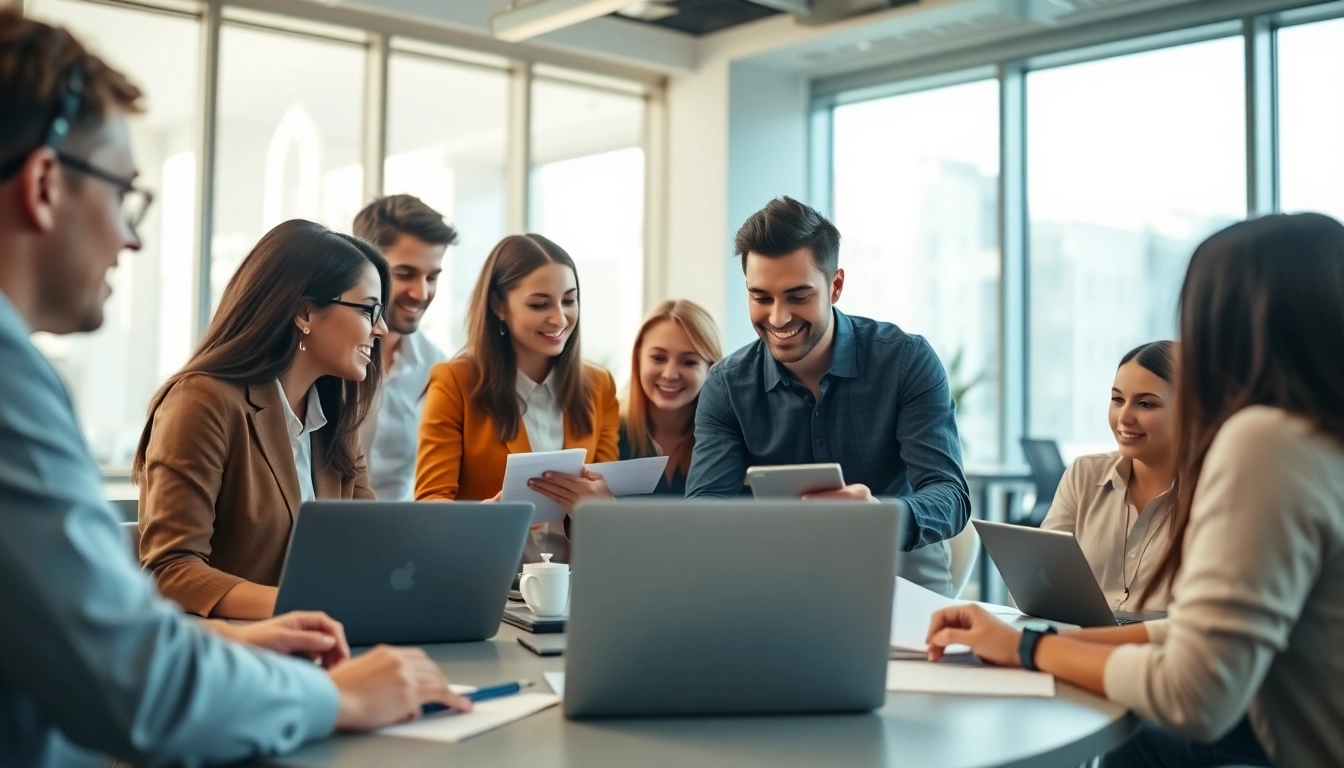 Team brainstorming effective Call Center Solutions in a modern office setting.