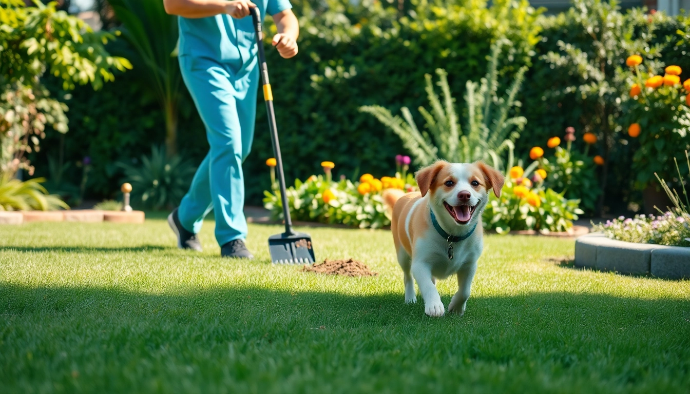 Delivering a dog poop cleaning service in a clean backyard with a carefree dog.