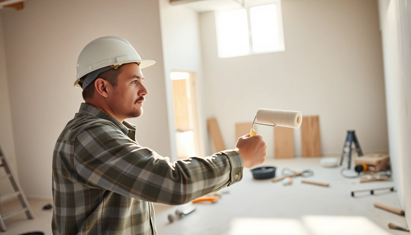 Contractor engaged in drywall painting process, demonstrating expertise and focus.