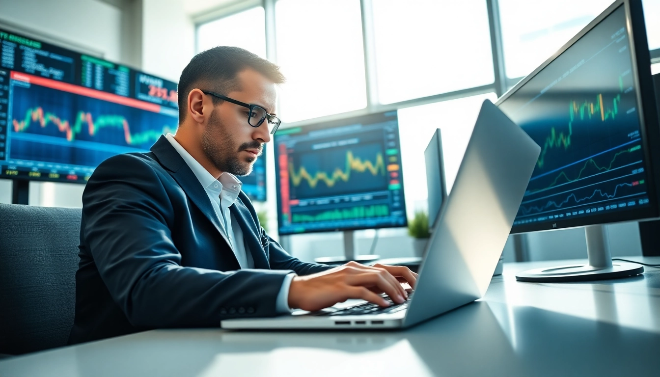Analyze trade futures on multiple screens in a professional trading environment.