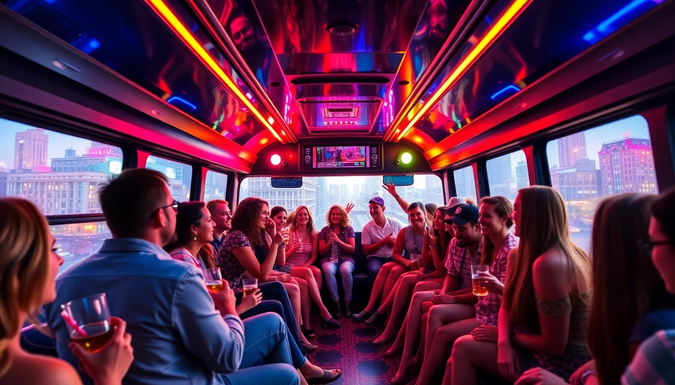 Experience fun with Atlanta party bus filled with lively passengers celebrating joyfully.