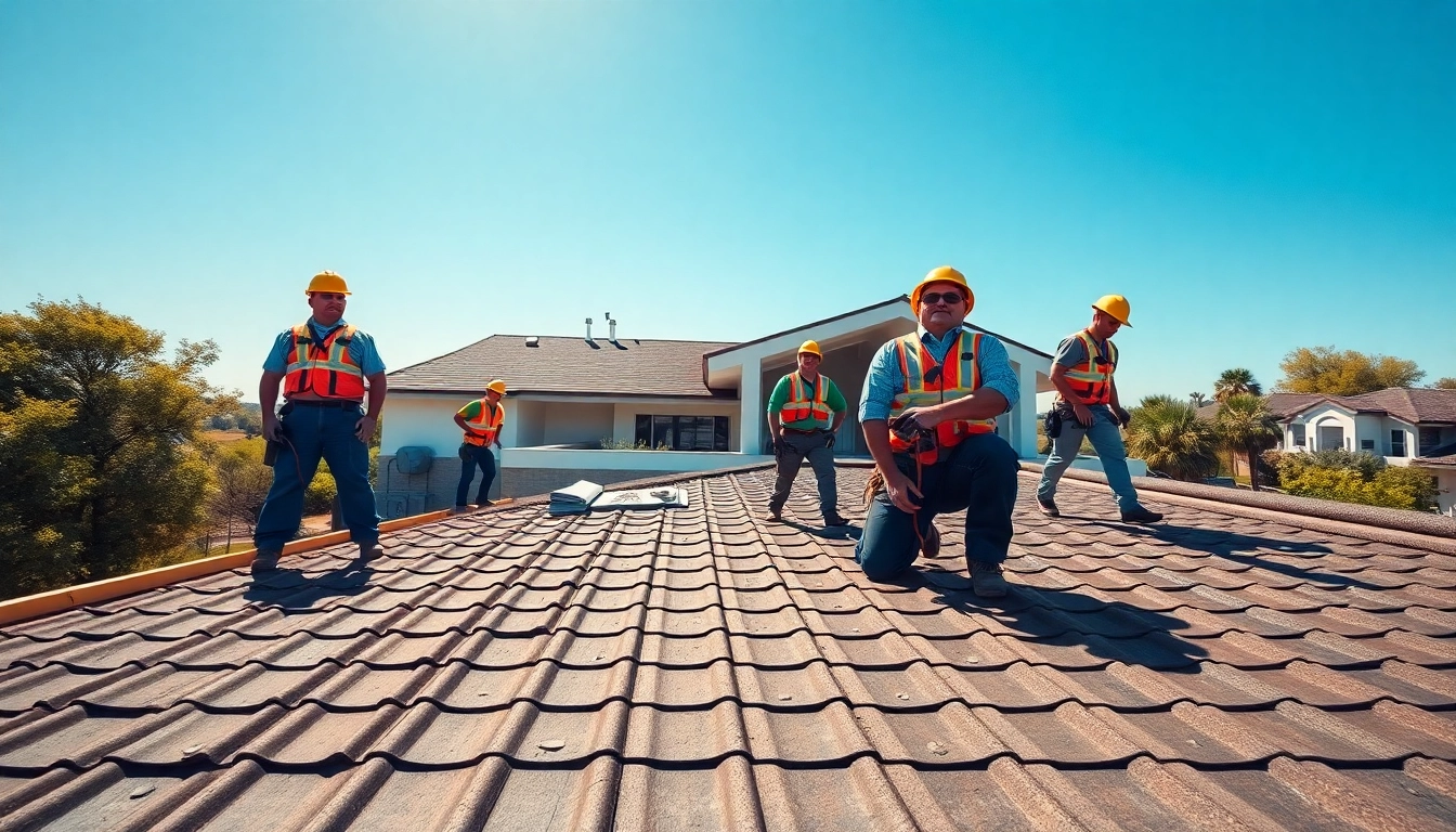 Best roofing company in Austin showcasing professional workers installing a roof on a sunny day.