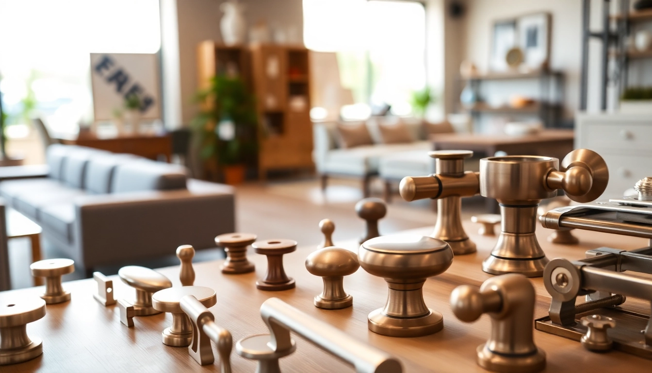 Showcase of premium furniture hardware manufacturers' products like pulls and knobs.