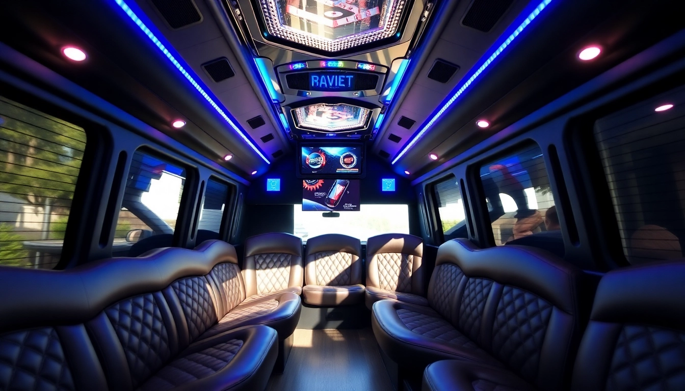 Experience the opulence of an Atlanta party bus with plush seating and vibrant interior lighting.