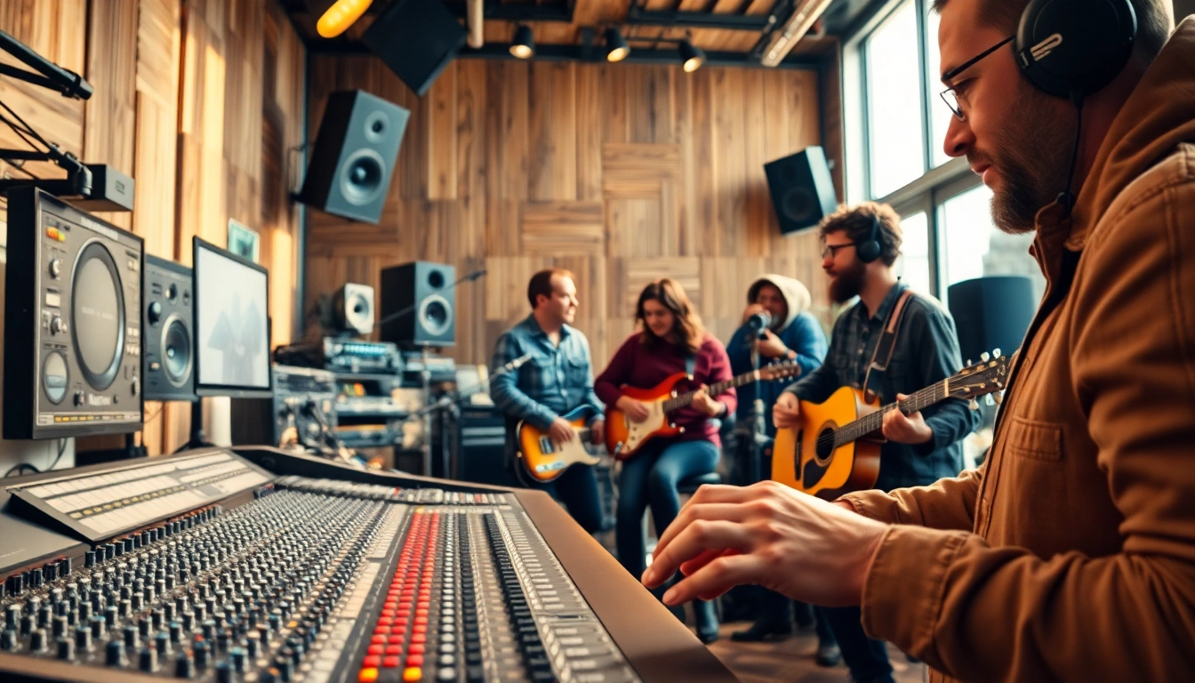 Engaging in music pitching process within a vibrant studio environment, highlighting creative collaboration.