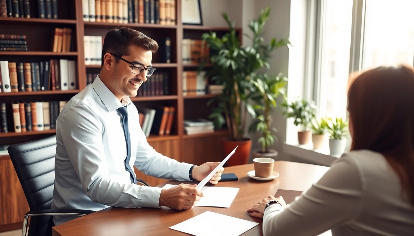 Engaged real estate lawyer discussing legal options with a client in a welcoming office environment.