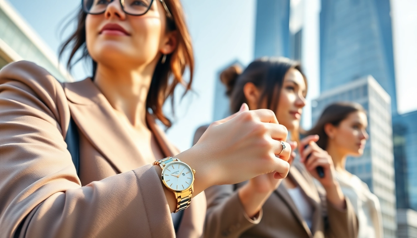 Damen Armbanduhren präsentiert an eleganten Frauenhandgelenken in einer urbanen Umgebung