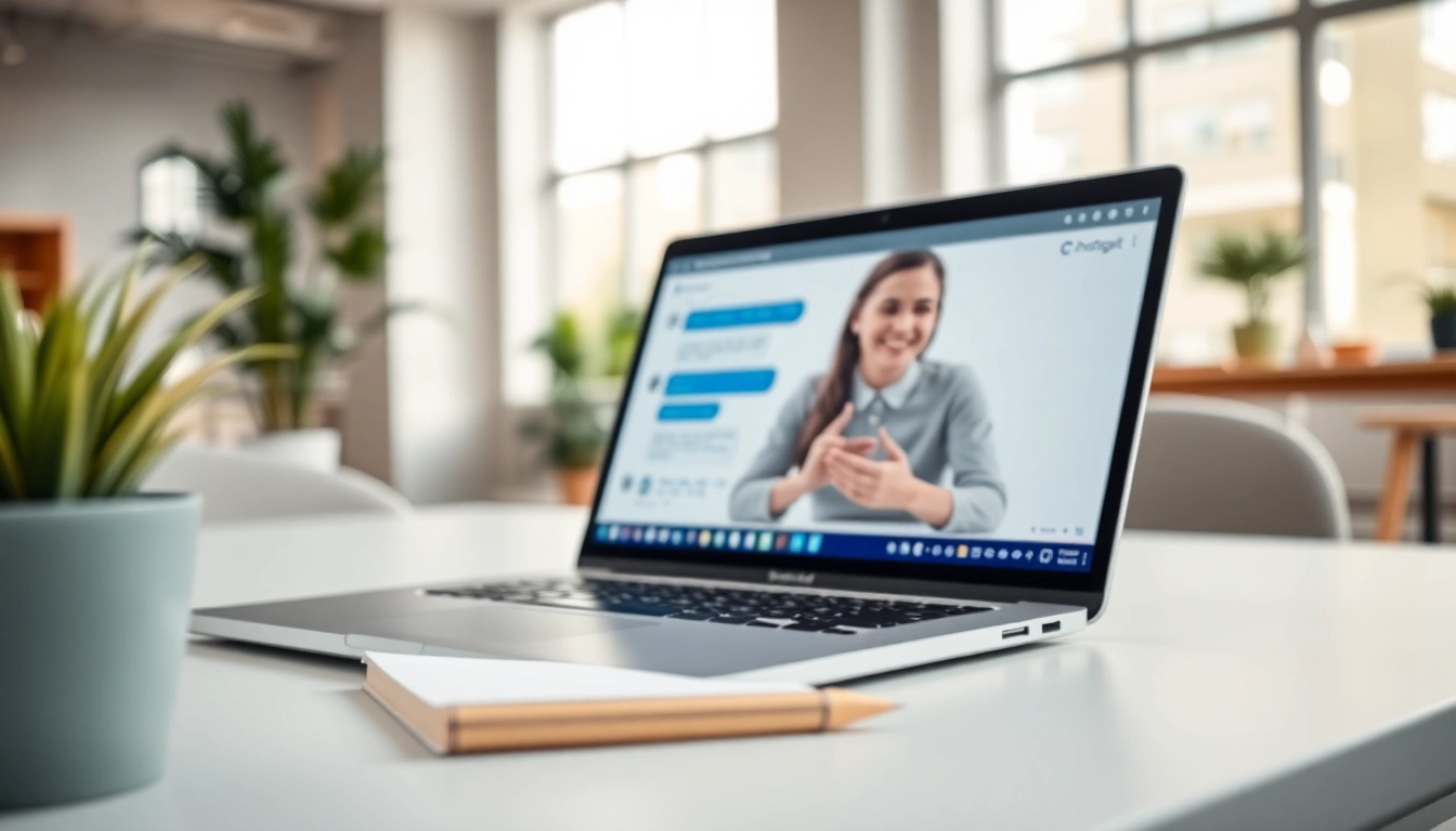 Engaging with a chatgpt chatbot on a laptop in a bright office environment.