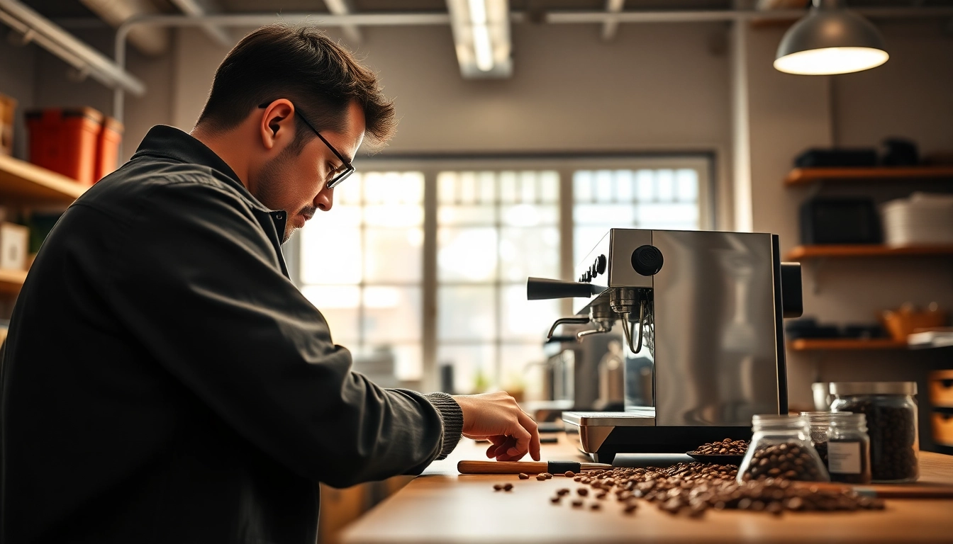 Cimbali service technique demonstrated by a technician repairing an espresso machine in a bright workshop.