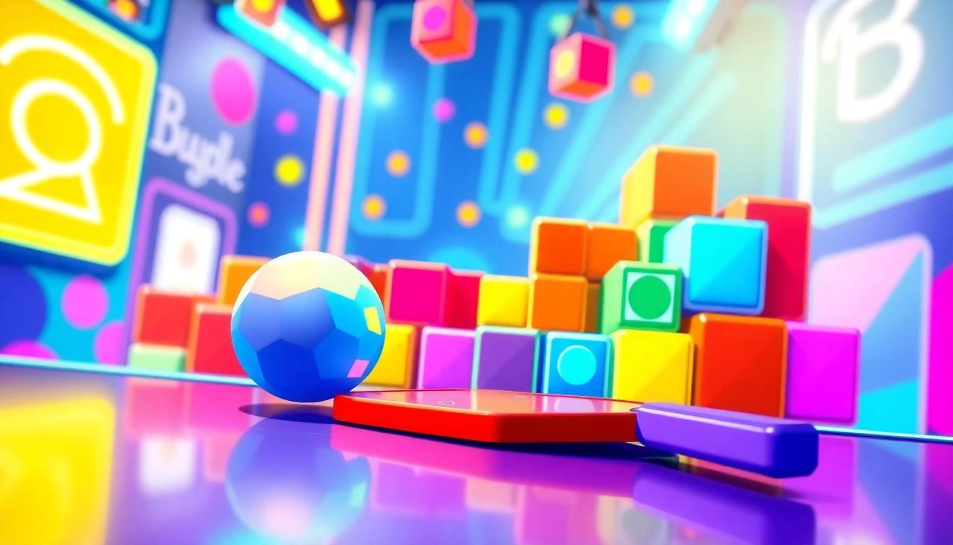 Play the block breaker de google game with a vibrant scene featuring a colorful paddle and bouncing ball.