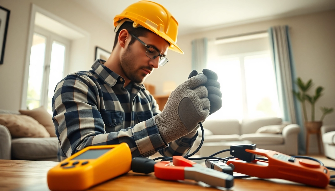 Electrician connecting residential wiring in a cozy living room setting.