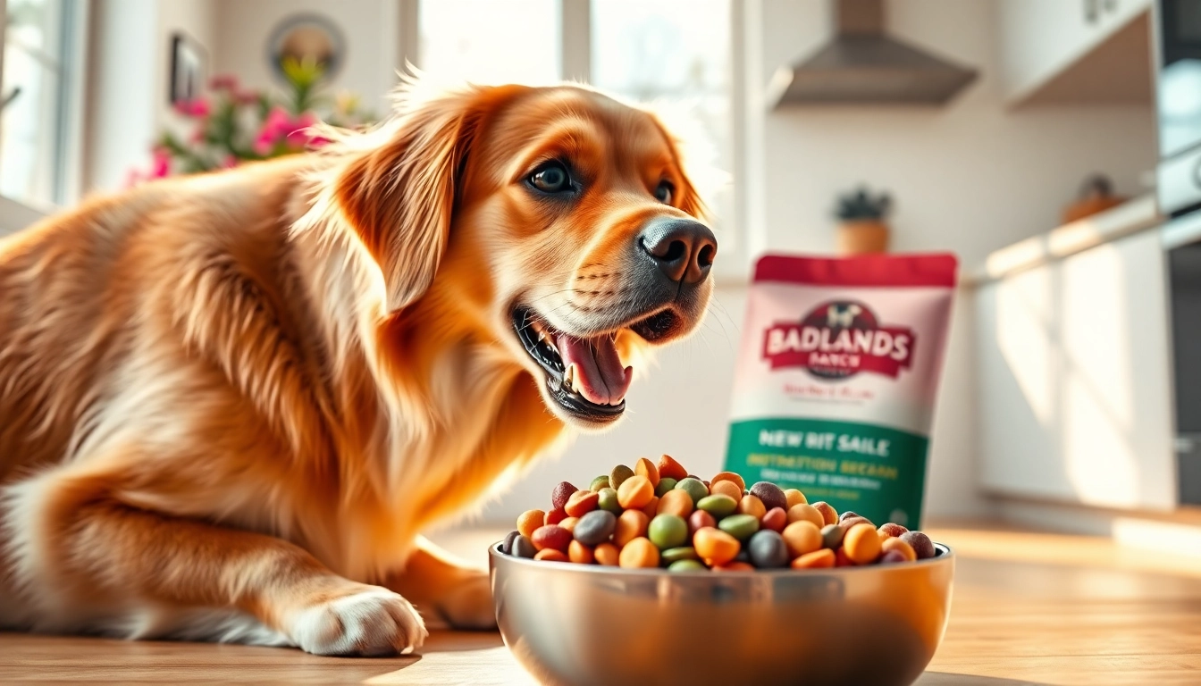 Healthy dog excitedly eating badlands ranch dog food from a bowl in a sunlit kitchen.