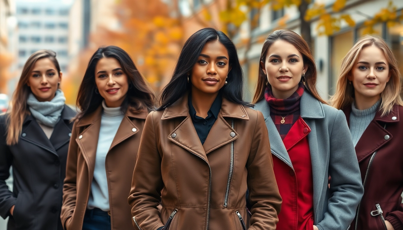 Stylish women showcasing jackets womens in a lively urban autumn setting with colorful leaves.