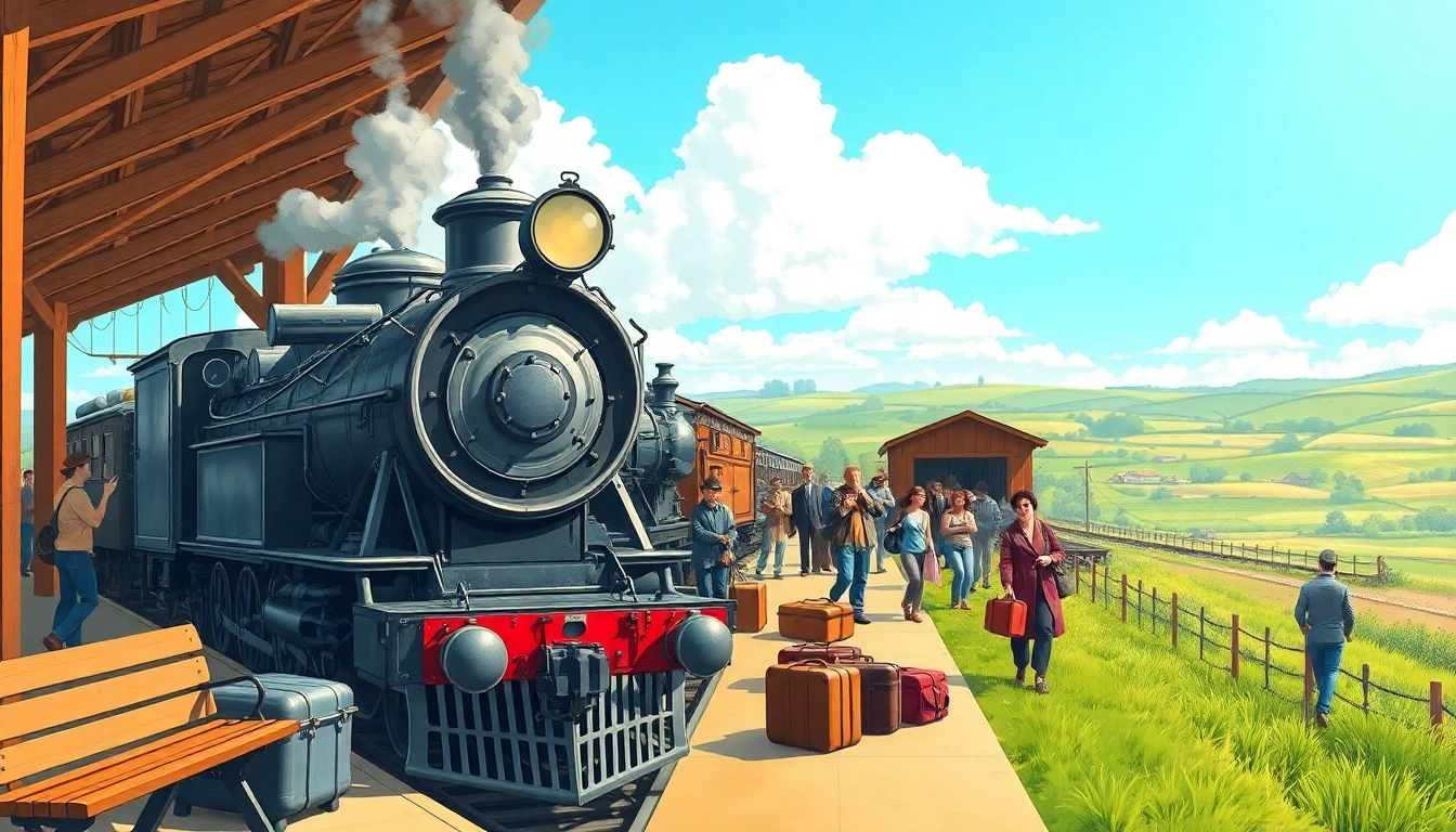 Experience the adventure of railroad tycoon download with a vibrant train station illustration.