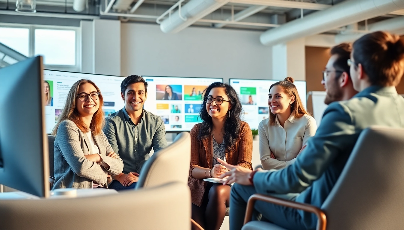 Showcasing the process of website design with a collaborative team in a modern office.
