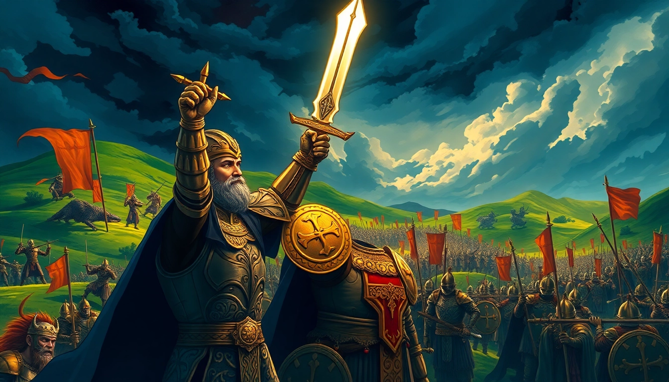 Warlords leading their armies in an epic fantasy battle, showcasing leadership and courage.