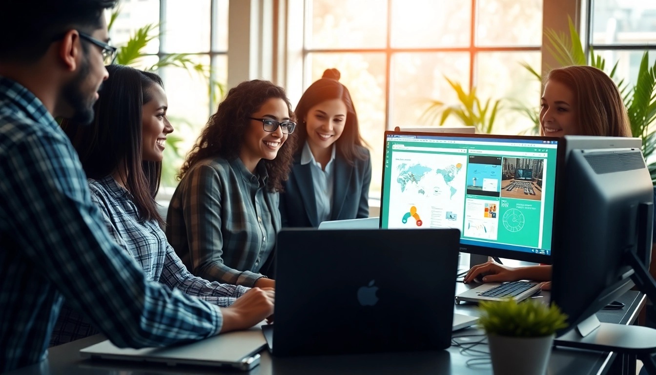 Virtual Assistants collaborating in a vibrant office, showcasing teamwork and productivity.