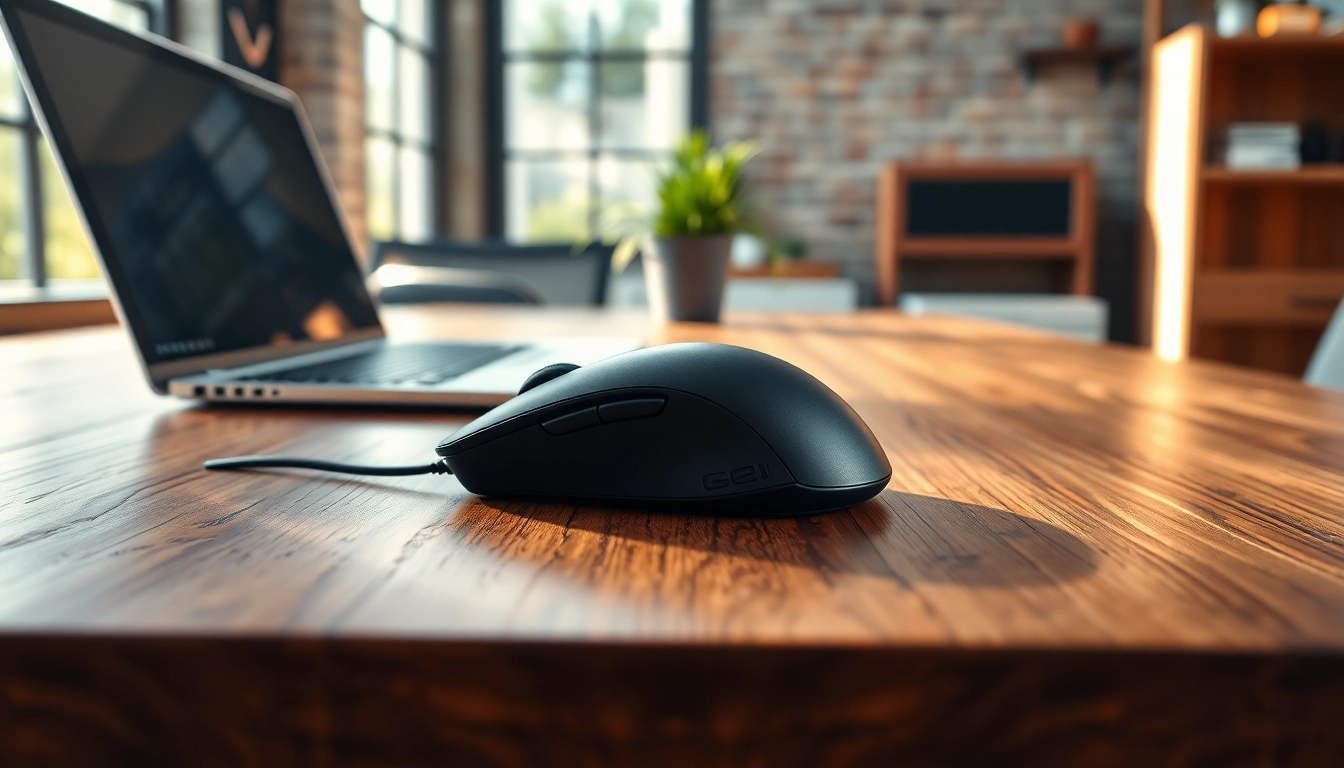 Ergonomic computer mouse on a wooden desk with natural lighting.
