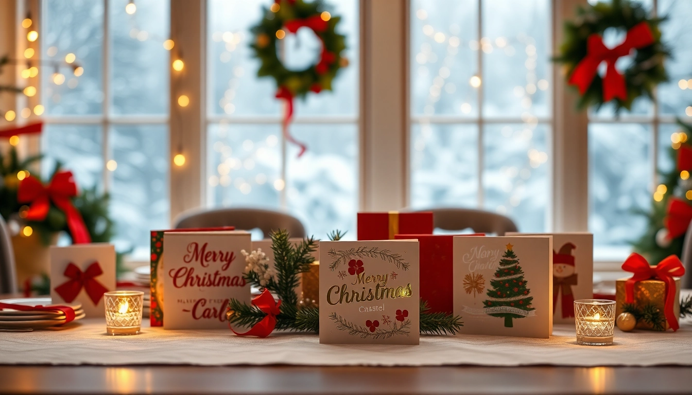 Showcase of Christmas cards with fast delivery UK on a festive table setting.