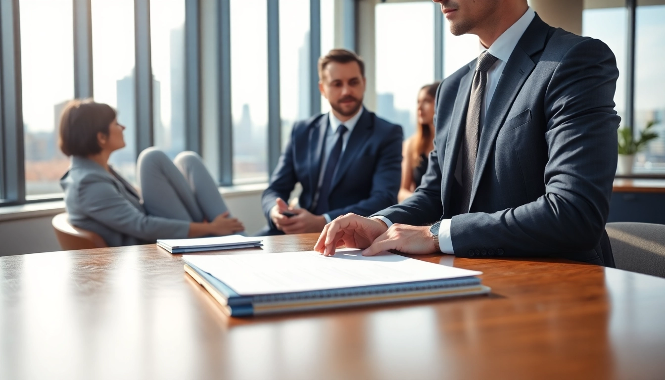 Real estate lawyer consulting clients in a bright modern office, showcasing professionalism and expertise.