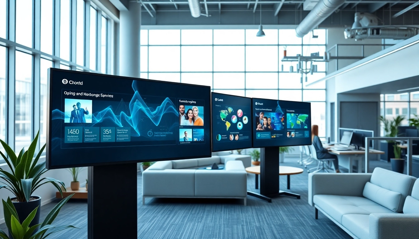 Engaging digital signage for offices in a modern workspace featuring bright interactive displays.