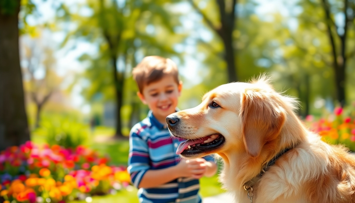 Engaged autism dogs interact with a child in a sunny park, showcasing companionship and support.