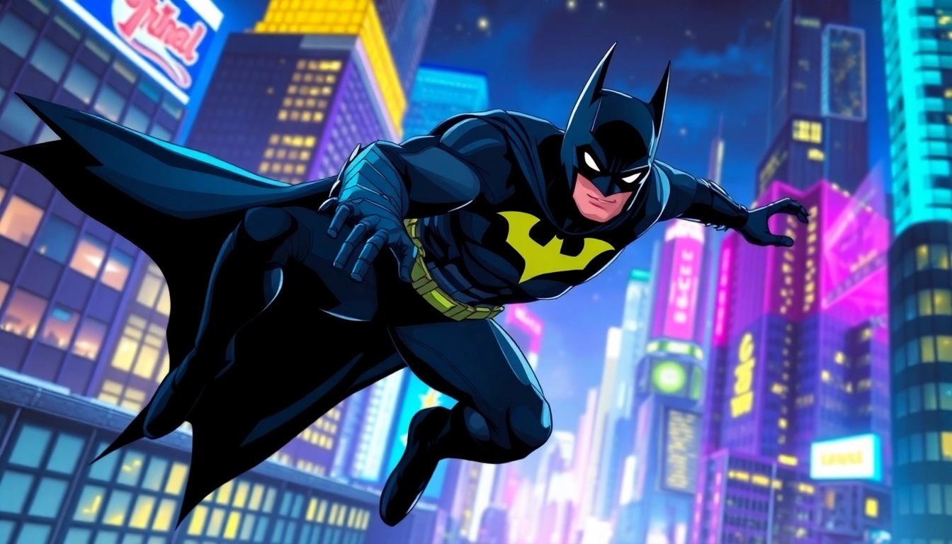 Jelajahi game batman138 dengan karakter superhero dinamis di kota neon yang cerah.