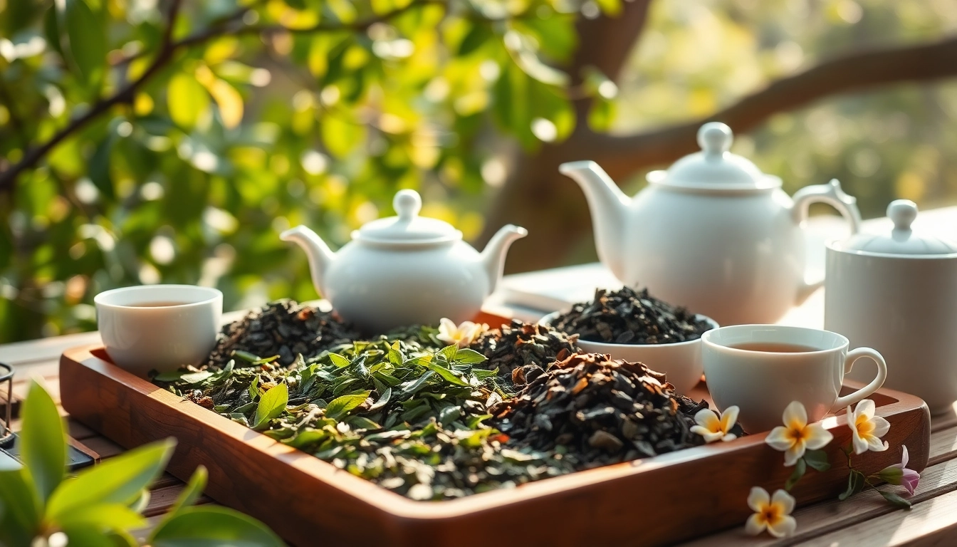 People enjoying single origin tea in a serene setting with delicate teapots and lush tea leaves.