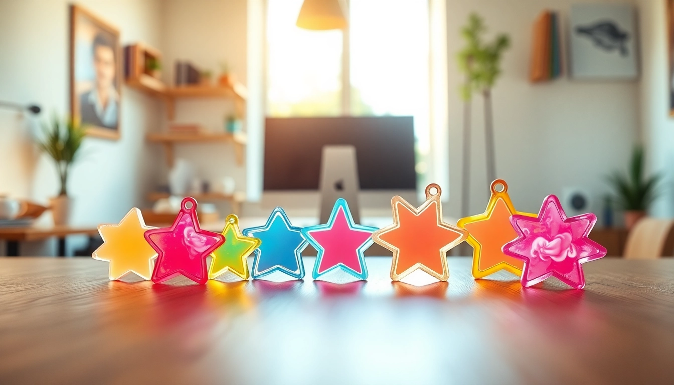 Showcasing vibrant acrylic charms in various shapes on a wooden surface
